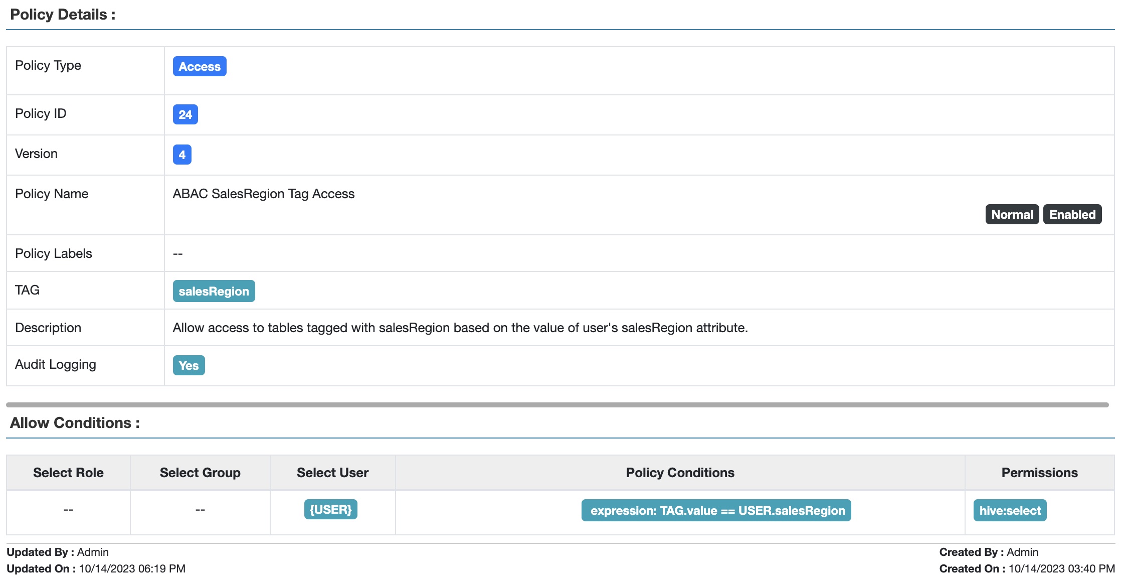 Fig 3. Apache Ranger™ ABAC-based tag policy to allow access to tables based on the value of the user’s attribute.